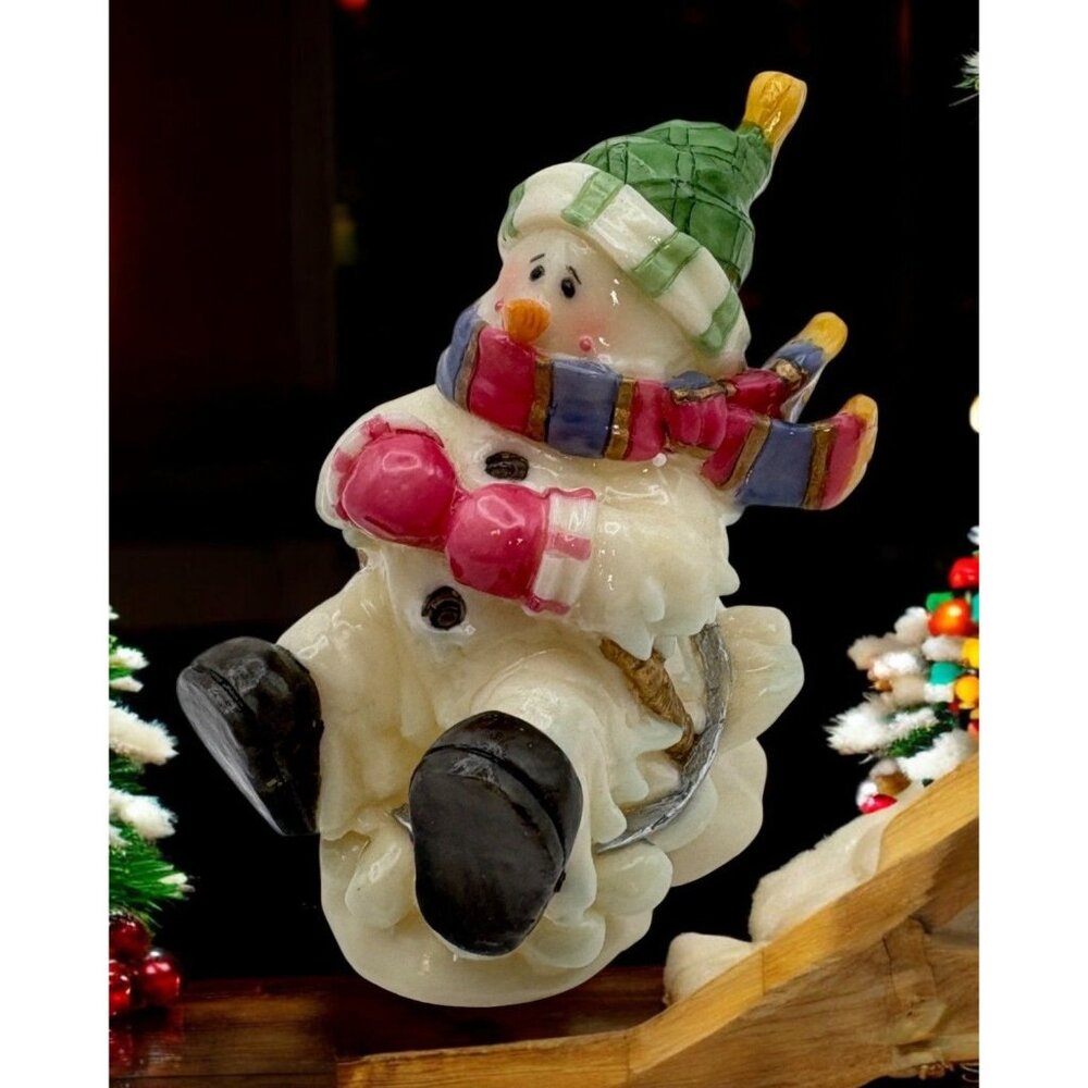 Vintage Sledding Snowman Christmas Figurine Green Hat Winter Fun